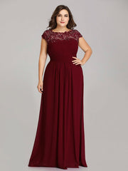 Plus Size Lacey Neckline Open Back Ruched Evening Dresses Plain Pleated Chiffon Dress