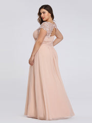 Plus Size Lacey Neckline Open Back Ruched Evening Dresses Plain Pleated Chiffon Dress