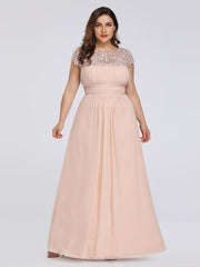 Plus Size Lacey Neckline Open Back Ruched Evening Dresses Plain Pleated Chiffon Dress