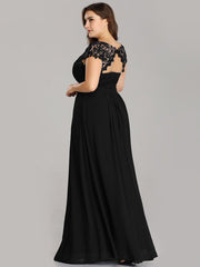 Plus Size Lacey Neckline Open Back Ruched Evening Dresses Plain Pleated Chiffon Dress