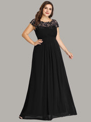 Plus Size Lacey Neckline Open Back Ruched Evening Dresses Plain Pleated Chiffon Dress