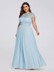 Plus Size Lacey Neckline Open Back Ruched Evening Dresses Plain Pleated Chiffon Dress