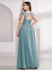 Plus Size Lacey Neckline Open Back Ruched Evening Dresses Plain Pleated Chiffon Dress