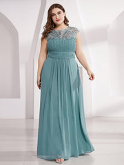 Plus Size Lacey Neckline Open Back Ruched Evening Dresses Plain Pleated Chiffon Dress