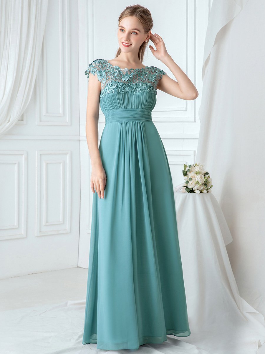 Lacey Neckline Open Back Ruched Bust Evening Dresses Women's Plain Pleated Chiffon Dress