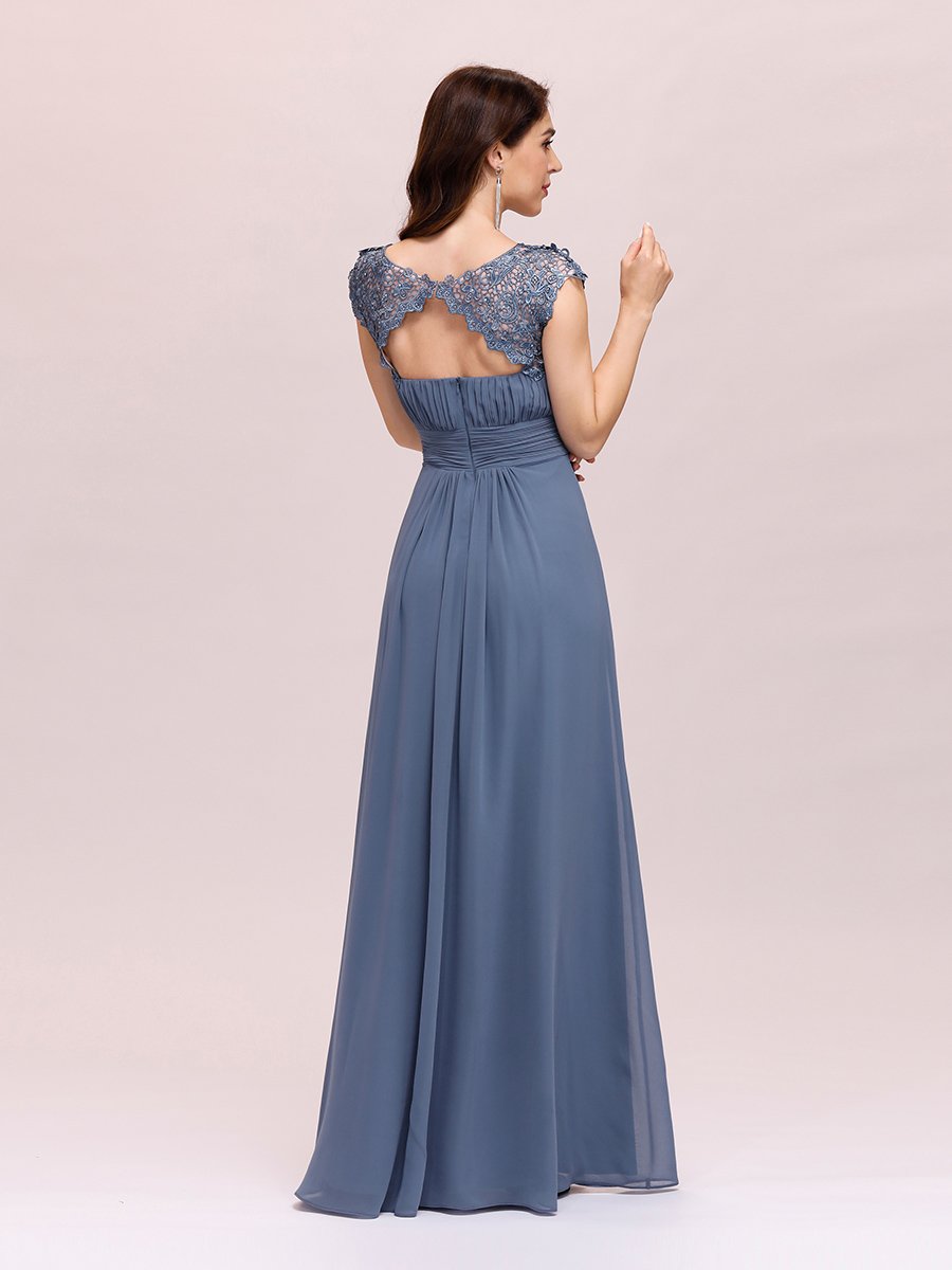 Lacey Neckline Open Back Ruched Bust Evening Dresses Women's Plain Pleated Chiffon Dress