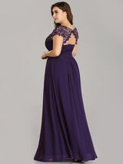 Plus Size Lacey Neckline Open Back Ruched Evening Dresses Plain Pleated Chiffon Dress