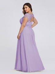 Plus Size Lacey Neckline Open Back Ruched Evening Dresses Plain Pleated Chiffon Dress