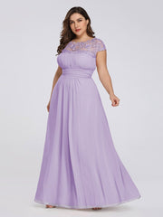 Plus Size Lacey Neckline Open Back Ruched Evening Dresses Plain Pleated Chiffon Dress