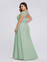 Plus Size Lacey Neckline Open Back Ruched Evening Dresses Plain Pleated Chiffon Dress