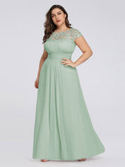 Plus Size Lacey Neckline Open Back Ruched Evening Dresses Plain Pleated Chiffon Dress