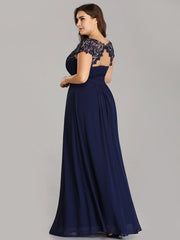 Plus Size Lacey Neckline Open Back Ruched Evening Dresses Plain Pleated Chiffon Dress