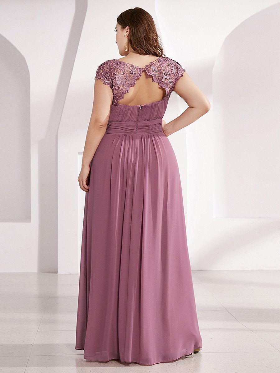 Plus Size Lacey Neckline Open Back Ruched Evening Dresses Plain Pleated Chiffon Dress