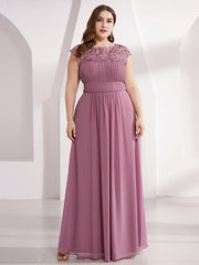 Plus Size Lacey Neckline Open Back Ruched Evening Dresses Plain Pleated Chiffon Dress