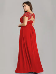 Plus Size Lacey Neckline Open Back Ruched Evening Dresses Plain Pleated Chiffon Dress