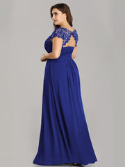 Plus Size Lacey Neckline Open Back Ruched Evening Dresses Plain Pleated Chiffon Dress