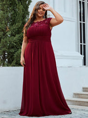 Plus Size Lacey Neckline Open Back Ruched Evening Dresses Plain Pleated Chiffon Dress