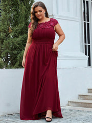 Plus Size Lacey Neckline Open Back Ruched Evening Dresses Plain Pleated Chiffon Dress