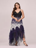 Women's Sexy V Neck Irregular Hem Plus Size Cocktail Thin Strap Lace Tulle Gown Prom Dresses