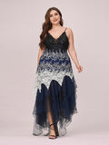 Women's Sexy V Neck Irregular Hem Plus Size Cocktail Thin Strap Lace Tulle Gown Prom Dresses