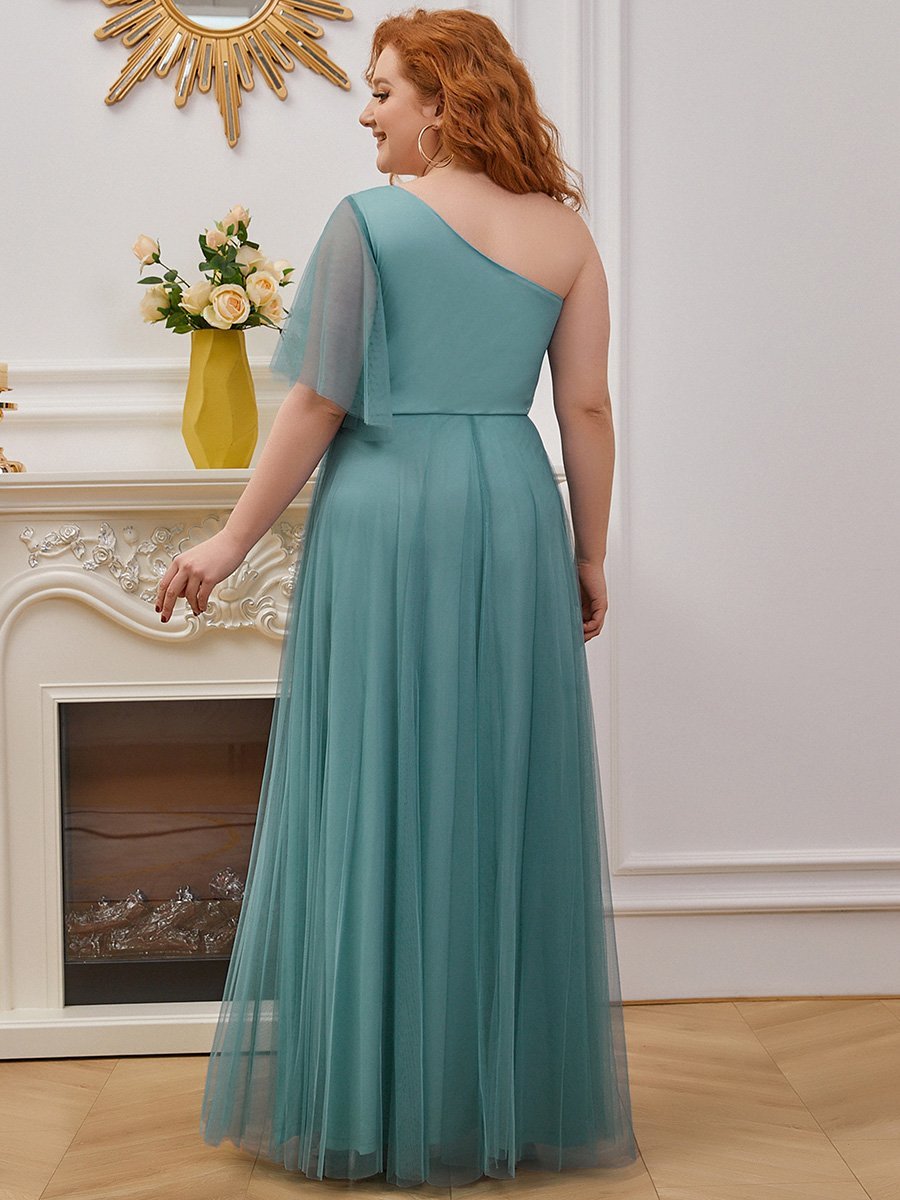 Plus Size Fashion Maxi One Shoulder Tulle Bridesmaid Dress Floor Length Gown