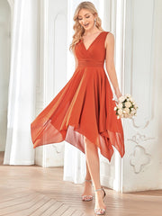 Knee Length Chiffon Bridesmaid Dress with Irregular Hem Sexy V Necked Gown