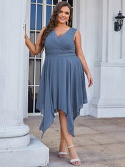 Knee Length Chiffon Bridesmaid Dress with Irregular Hem Sexy V Necked Gown