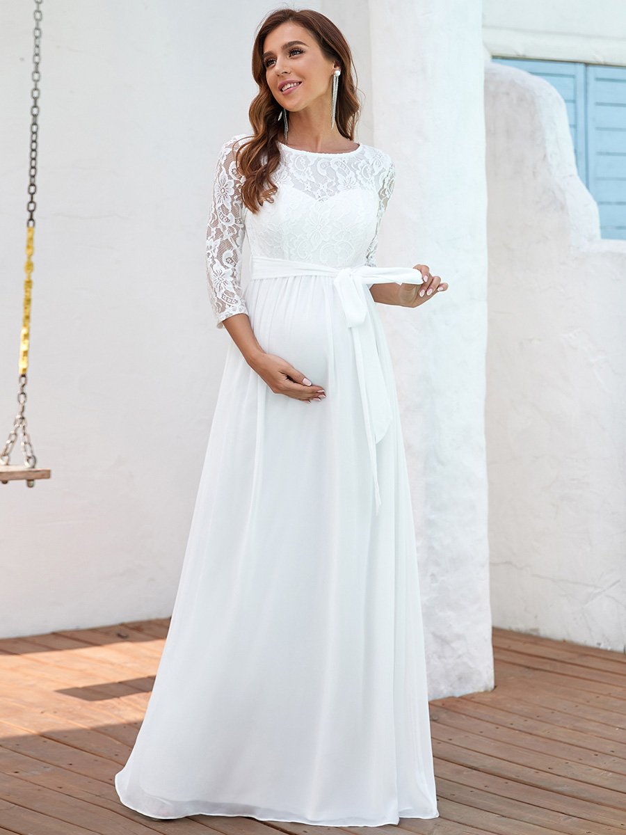 Gorgeous Lace Sleeves Floor Length Wedding Dress for Pregnant Women