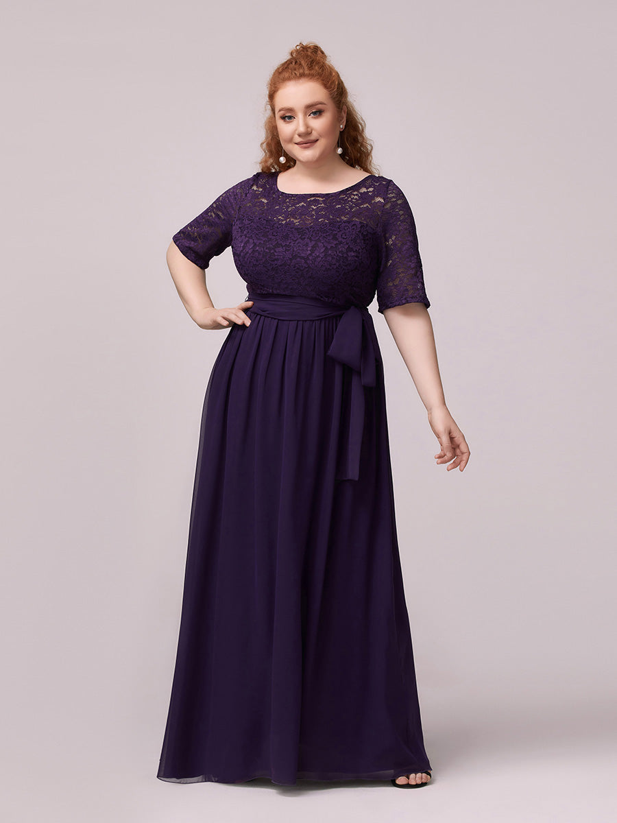 Ladies' Simple Half Sleeves Elegant Lace & Chiffon Plus Sizes Maxi Evening Dress with Belt