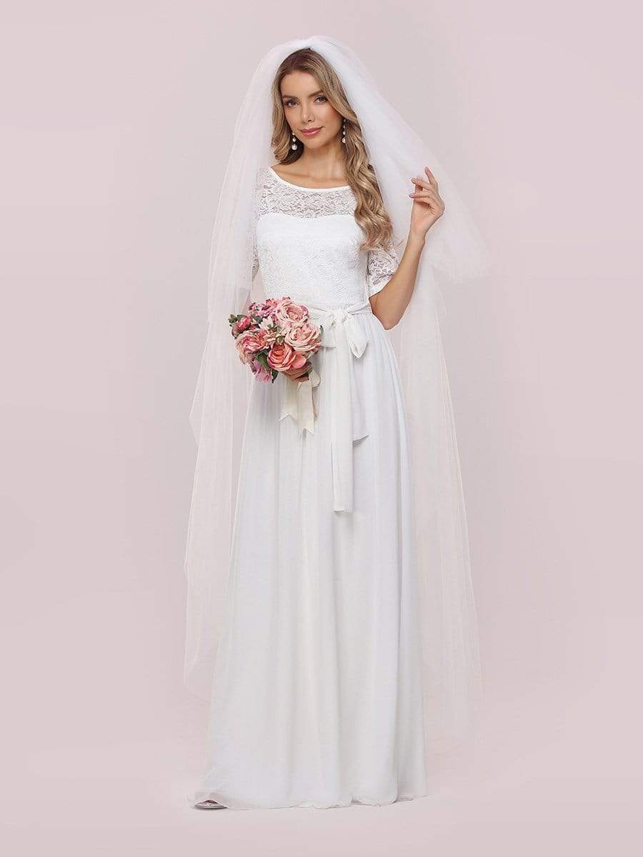 Plain Pleated Chiffon Half Sleeves Wedding Dress with Lace Decorations
