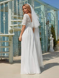 Plain Pleated Chiffon Half Sleeves Wedding Dress with Lace Decorations