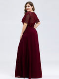Plus Size Double V Neck Shimmery Evening Dresses with Side Split A Line Floor Length Tulle Gown