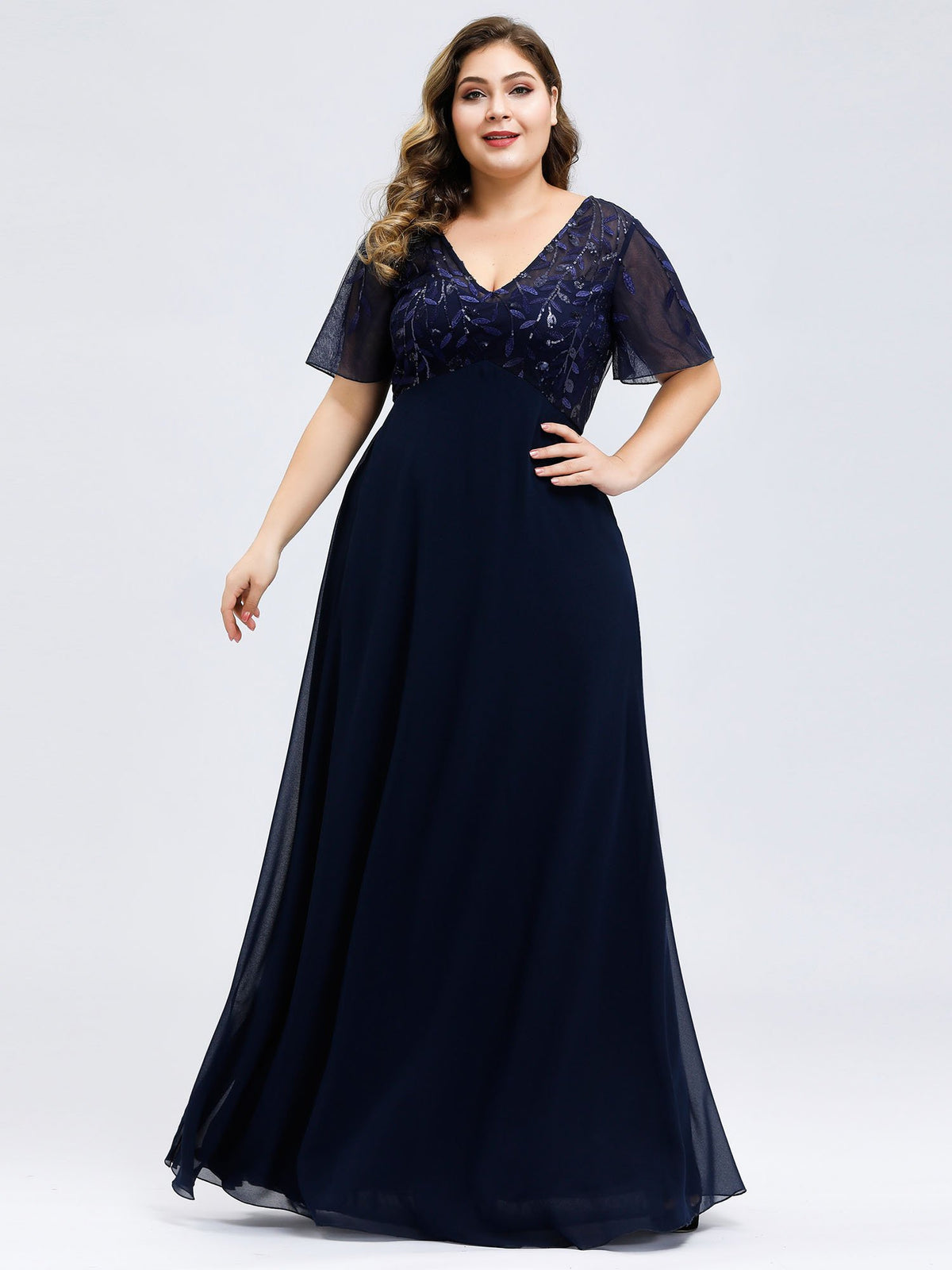Plus Size Double V Neck Shimmery Evening Dresses with Side Split A Line Floor Length Tulle Gown