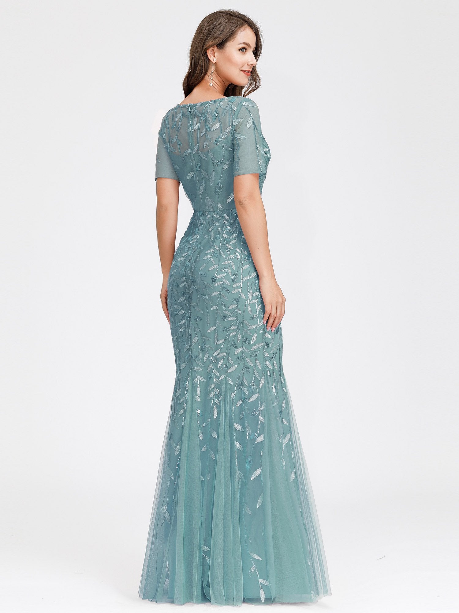 Women's Floral Sequin Print Fishtail Tulle Dresses for Party Mermaid Dress Floor-Length Tulle Evening Dress