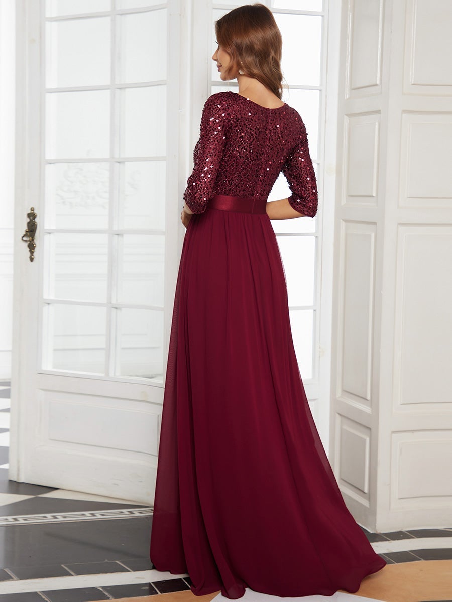 Elegant Round Neckline 3/4 Sleeve Sequins Patchwork Long Tulle Evening Dress for Mother of the Bride