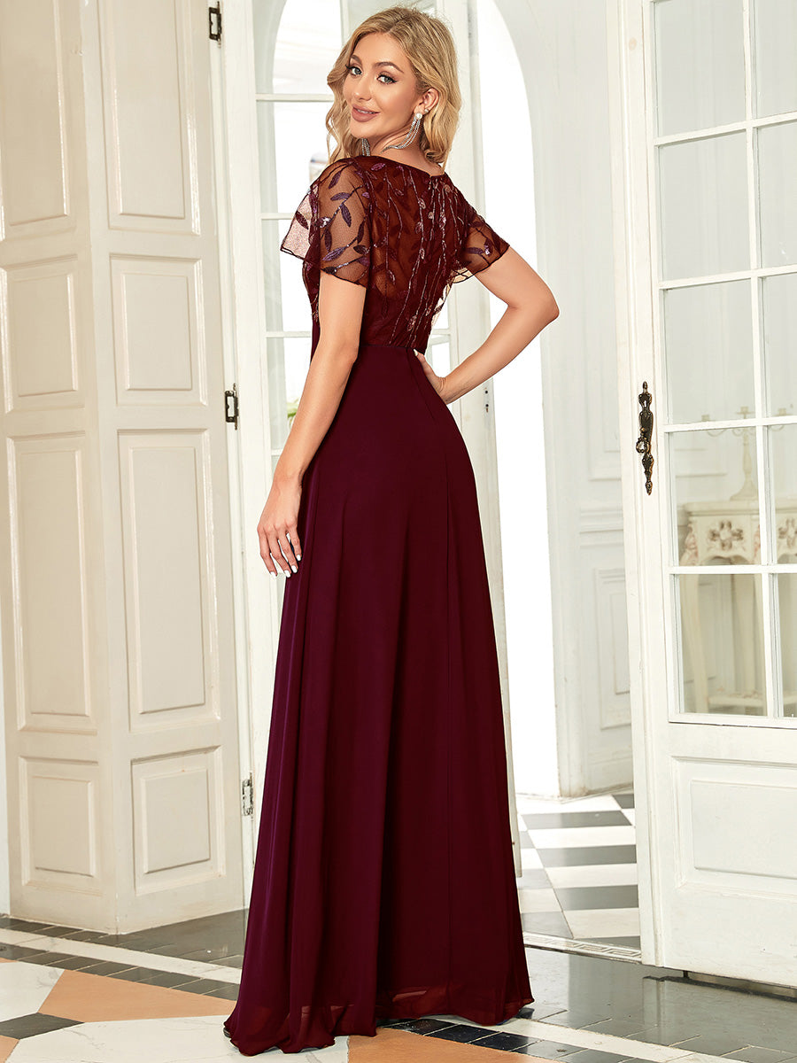 Floral Lace Sequin Print V Necked Evening Dresses With Cap Sleeve A Line Floor Length Tulle Gown
