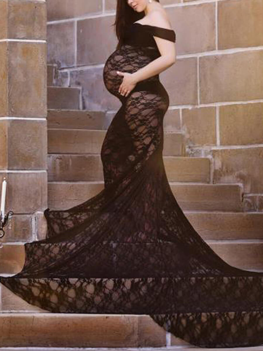 Off the Shoulder Floral Lace Sheer Maternity Photoshoot Gown