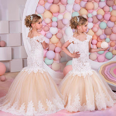 Girls' Off Shoulder Dresses Flower Girl Dress Mermaid Lace Tutu Gown Children's Princess Dress
