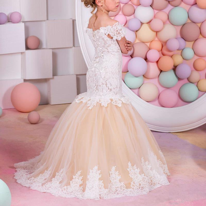 Girls' Off Shoulder Dresses Flower Girl Dress Mermaid Lace Tutu Gown Children's Princess Dress