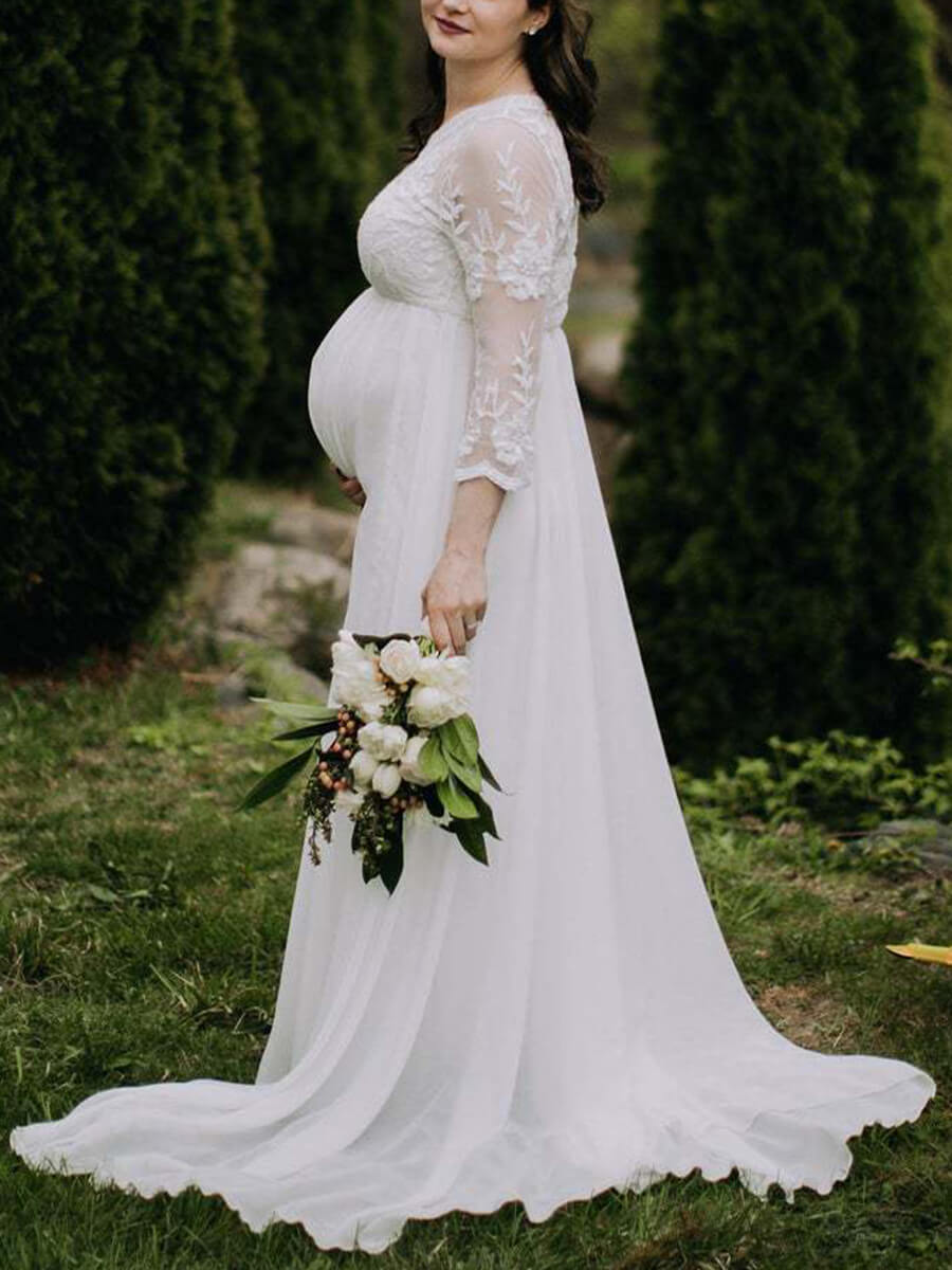 Half Sleeves Chiffon Stitching Maternity Photoshoot Dress Mesh Gown