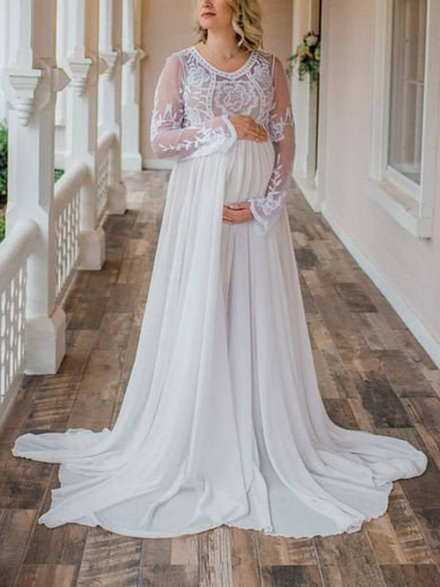 Half Sleeves Chiffon Stitching Maternity Photoshoot Dress Mesh Gown