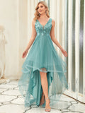 High-Low V Neck Tulle Train Prom Dresses with Sequin Appliques Perfect Evening Dress