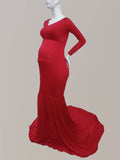 Cross Bust Cotton Maternity Photoshoot Gown Long Sleeves Dress with Train