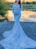 Cross Bust Cotton Maternity Photoshoot Gown Long Sleeves Dress with Train