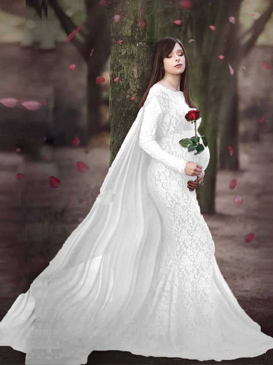 Long Sleeves Lace Maternity Photoshoot Dress with Cape Slim Fit Chiffon Gown