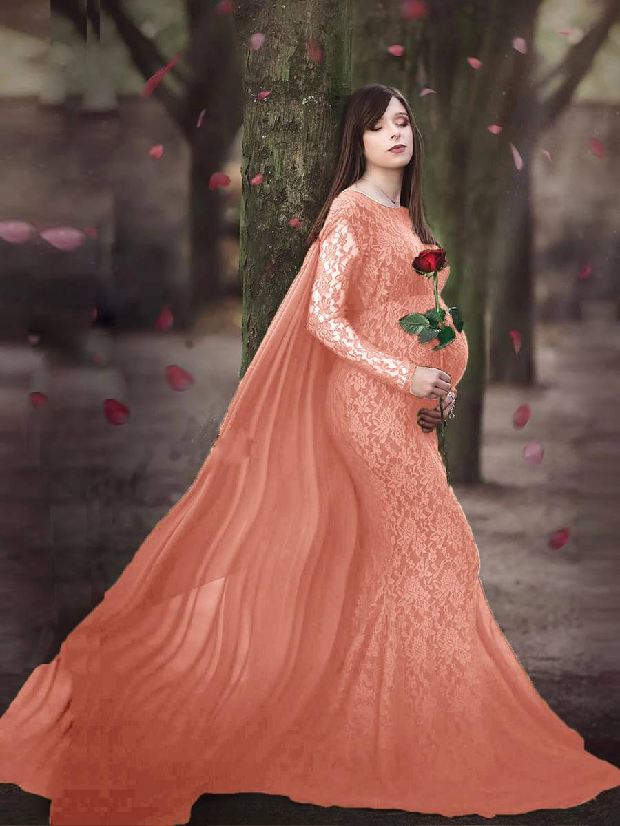 Long Sleeves Lace Maternity Photoshoot Dress with Cape Slim Fit Chiffon Gown