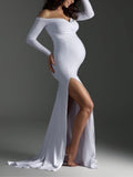 Slim Fit Maternity Photoshoot Dress Long Sleeves Split Side Gown