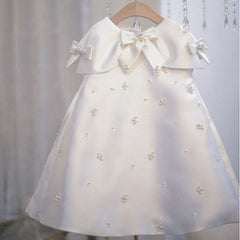 Cute Kids Princess Dress with Bows Satin Breads Flower Girl Banquet Gown