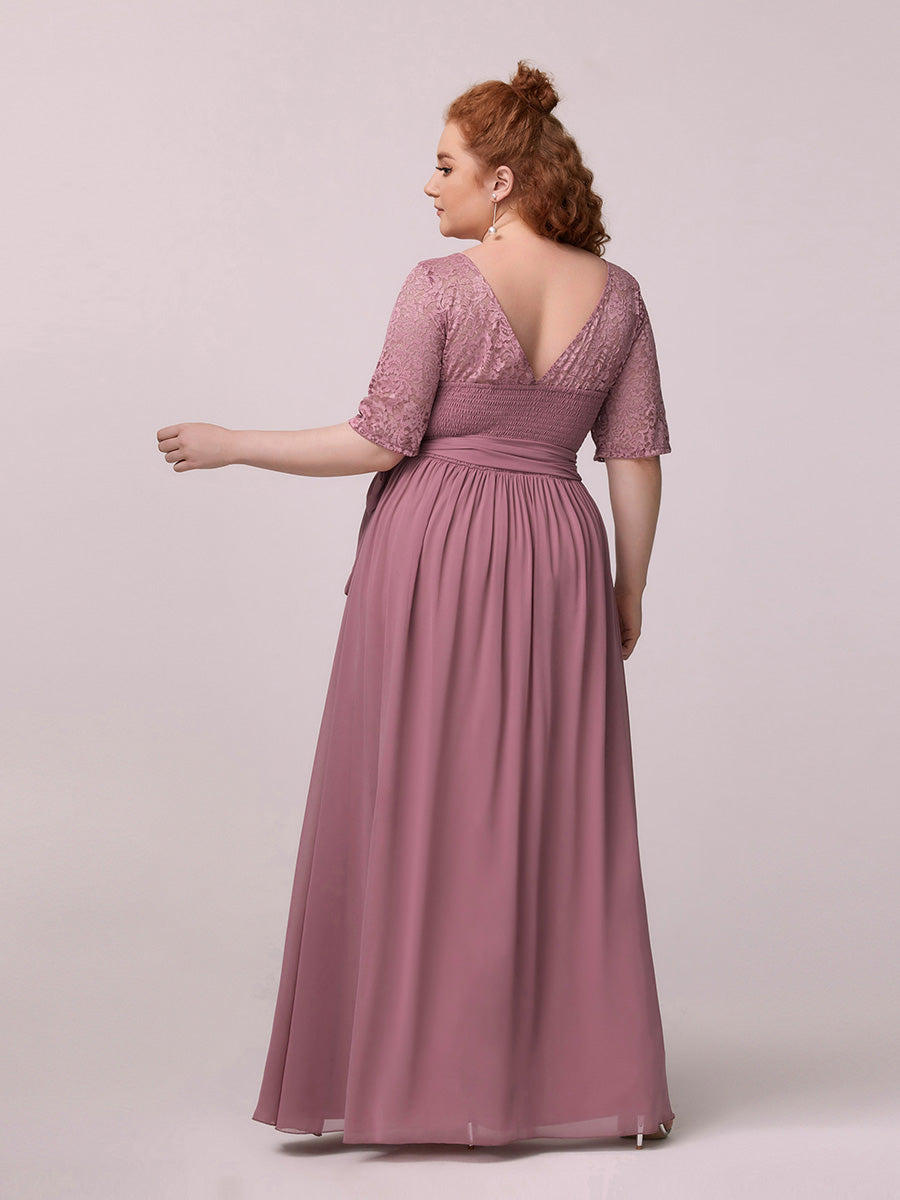 Ladies' Simple Half Sleeves Elegant Lace & Chiffon Plus Sizes Maxi Evening Dress with Belt