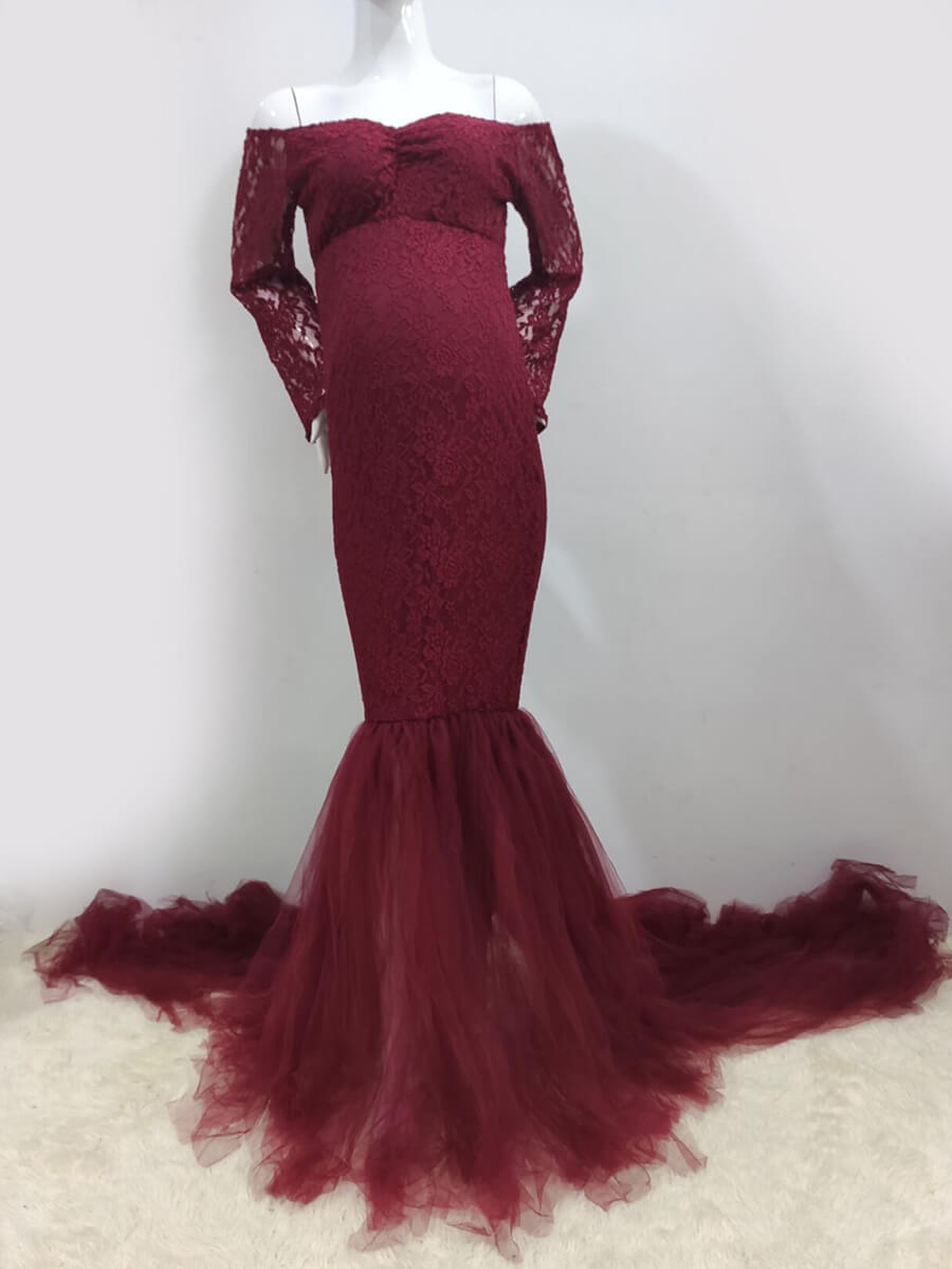 Long Sleeves Lace Maternity Photoshoot Gown Mermaid Chiffon Mopping Dress
